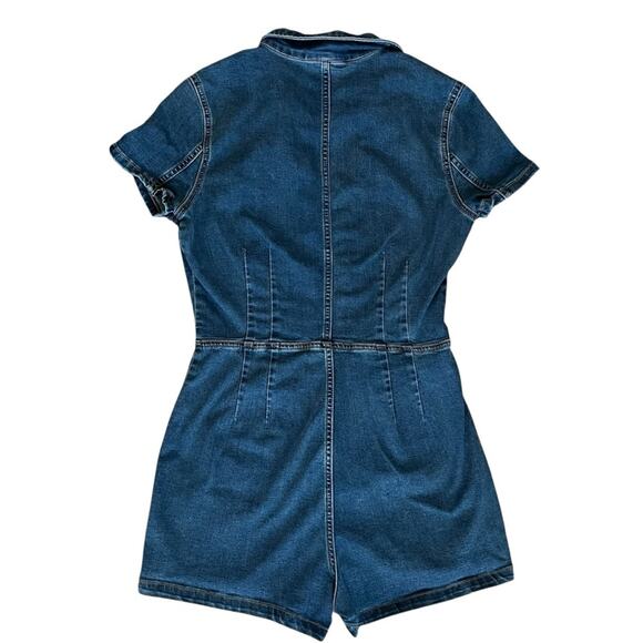 Free People Women’s Lennox Crvy Blue Denim Shortsuit Jeans Collared Romper Sz 12 - Picture 9 of 15